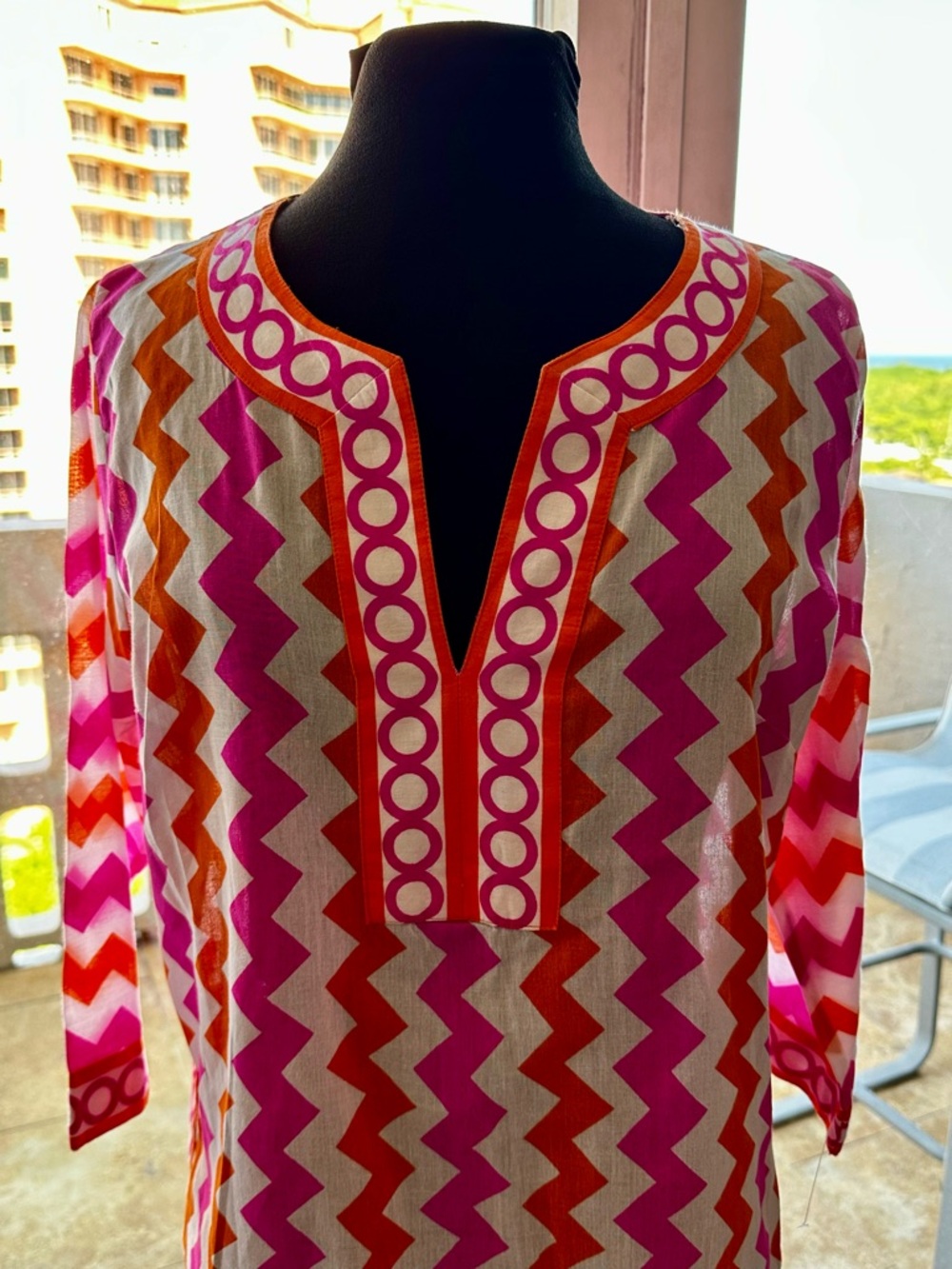 Gretchen Scott 100% Cotton Pink Orange Chevron 3/4 Sleeve Tunic Top Size M - Picture 2 of 7
